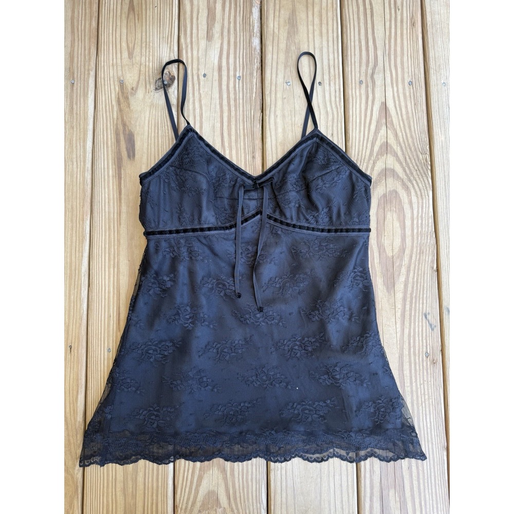 Vintage Y2K George Camisole Tank Top Medium Black Lace Trim Coquette Goth Grunge